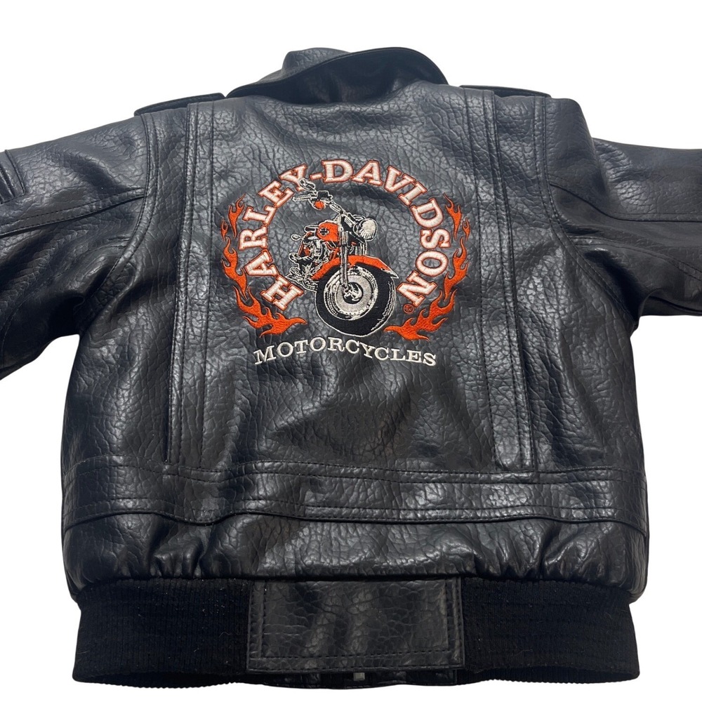 Harley-Davidson Kids Black Faux Leather Bomber Jacket Embroidered Size 7 Moto‎